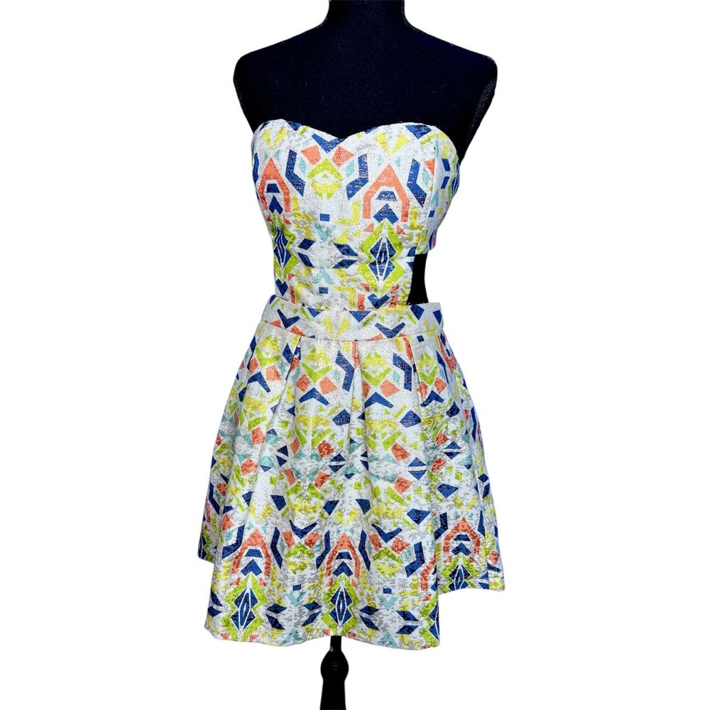 Womens Multicolor Geometric Mini Dress Cutout Funky Art to Wear Party Sz L Funky